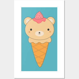 Kawaii Brown Bear Ice Cream Cone T-Shirt Posters and Art